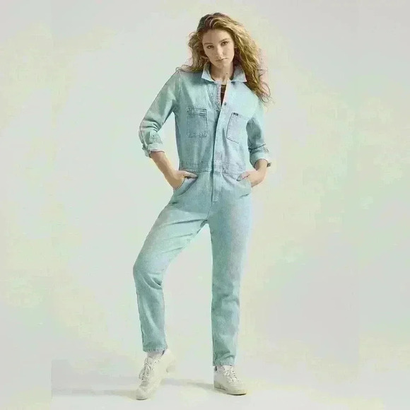 Lee Union-Alls Denim Coveralls Light Wash Long Sleeve Zip Up Barely Blue Small - Picture 7 of 12